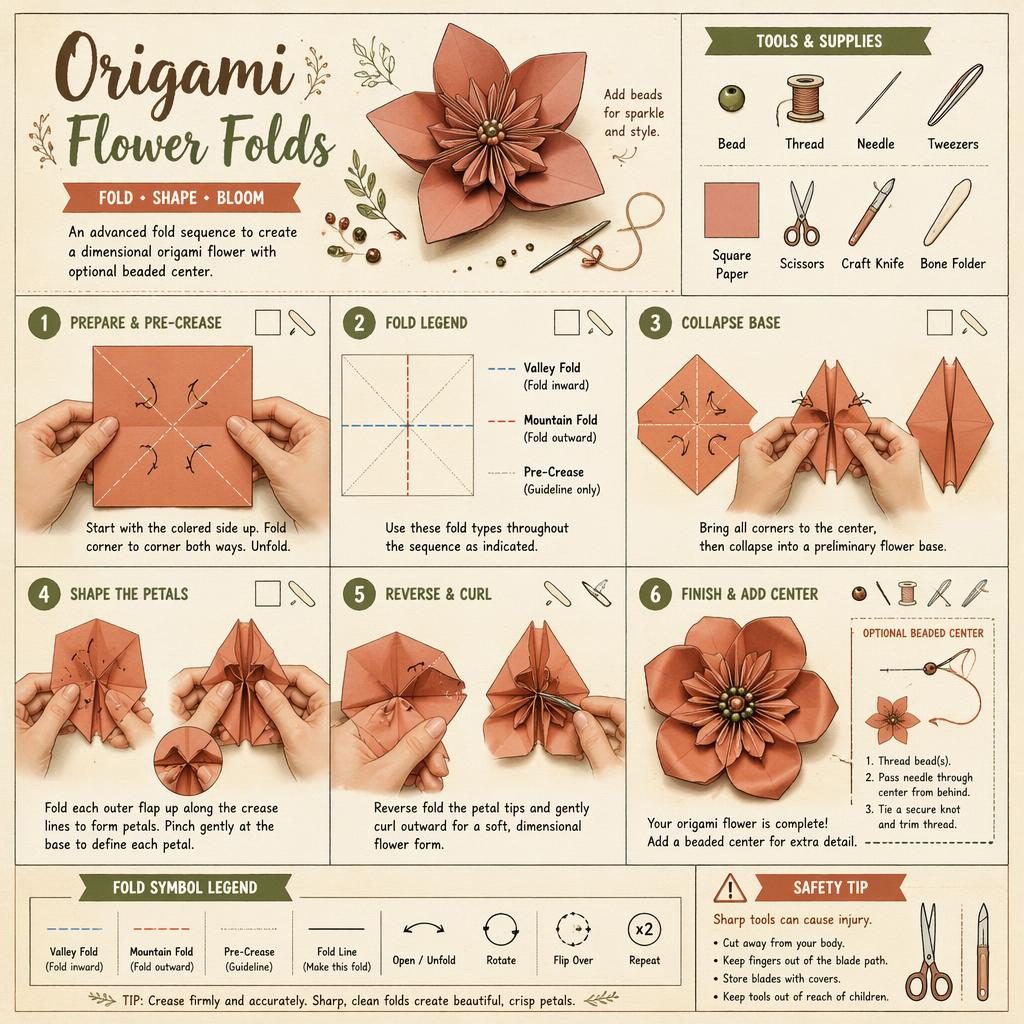 Infografik mit 6 Origami-Blütenschritten, Handpositionen, Faltlegende, Werkzeug-Icons und Safety-Hinweis in Erdtönen.