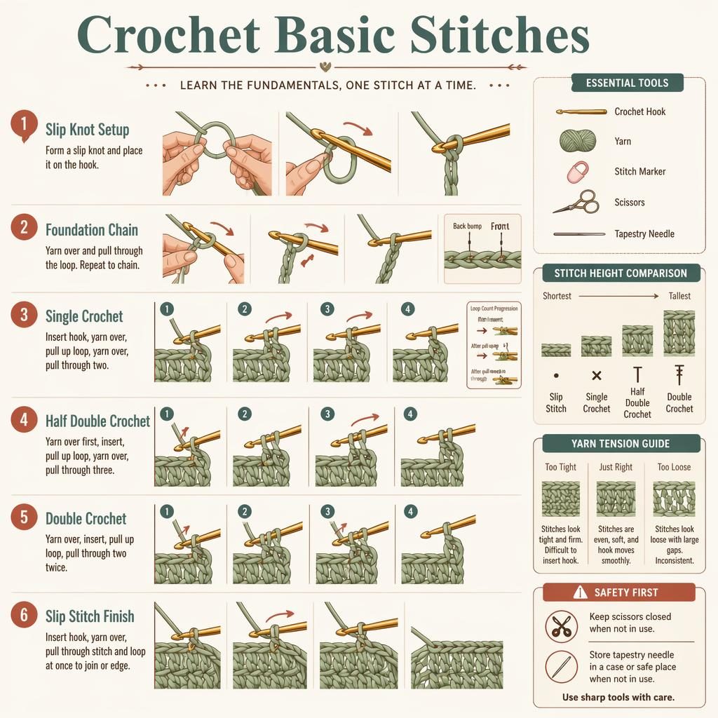 Minimal crochet basics infographic with 6 numbered stitch steps, hand diagrams, yarn arrows, tool icons, and safety note.