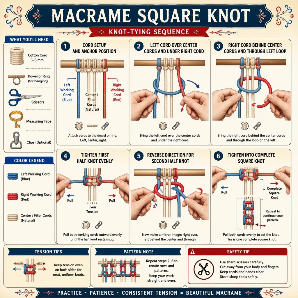 Vintage-style DIY infographic showing 6 macrame square knot steps with hands, arrows, cord colors, icons, and safety tip.