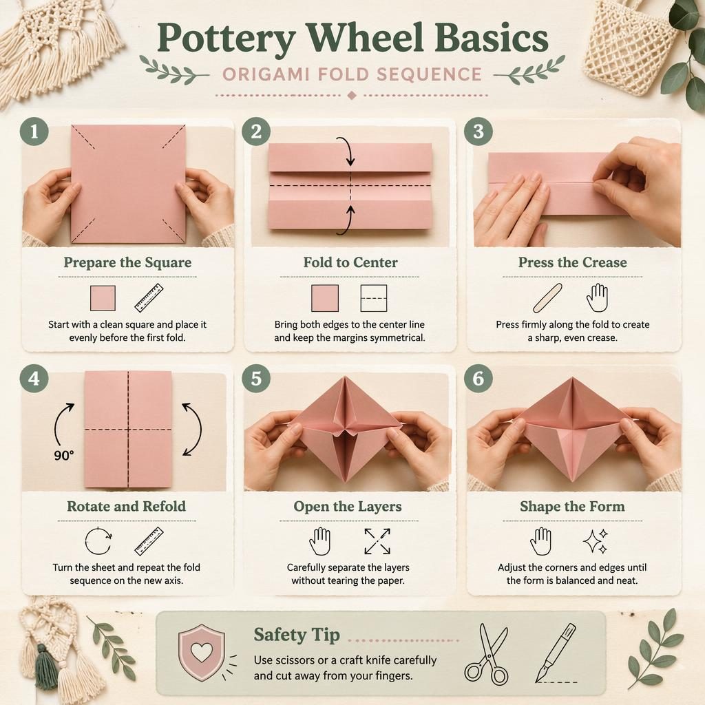 Pastel DIY infographic with 6 origami-style paper folding steps, hand diagrams, tool icons, and a safety tip panel.