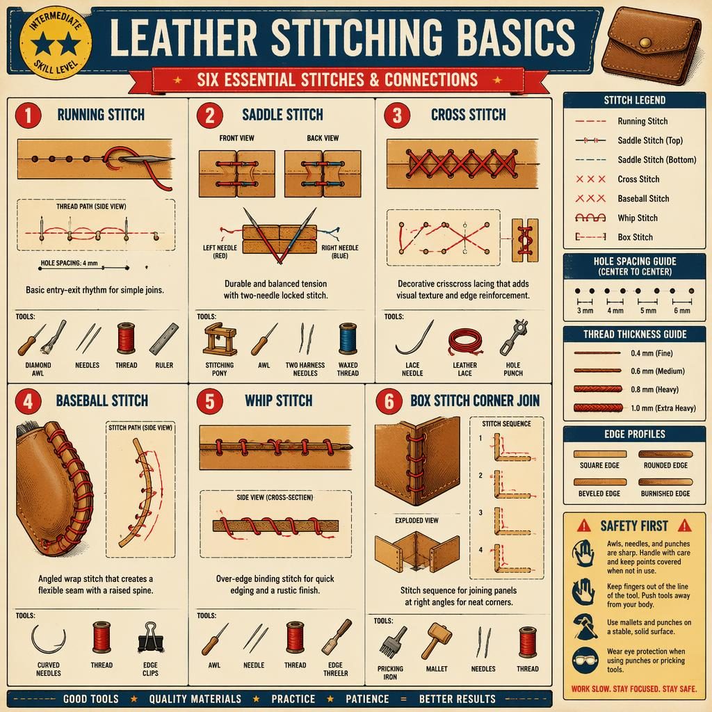 Vintage-style leather stitching basics infographic with 6 numbered panels, diagrams, tool icons, side legend, and safety callout.