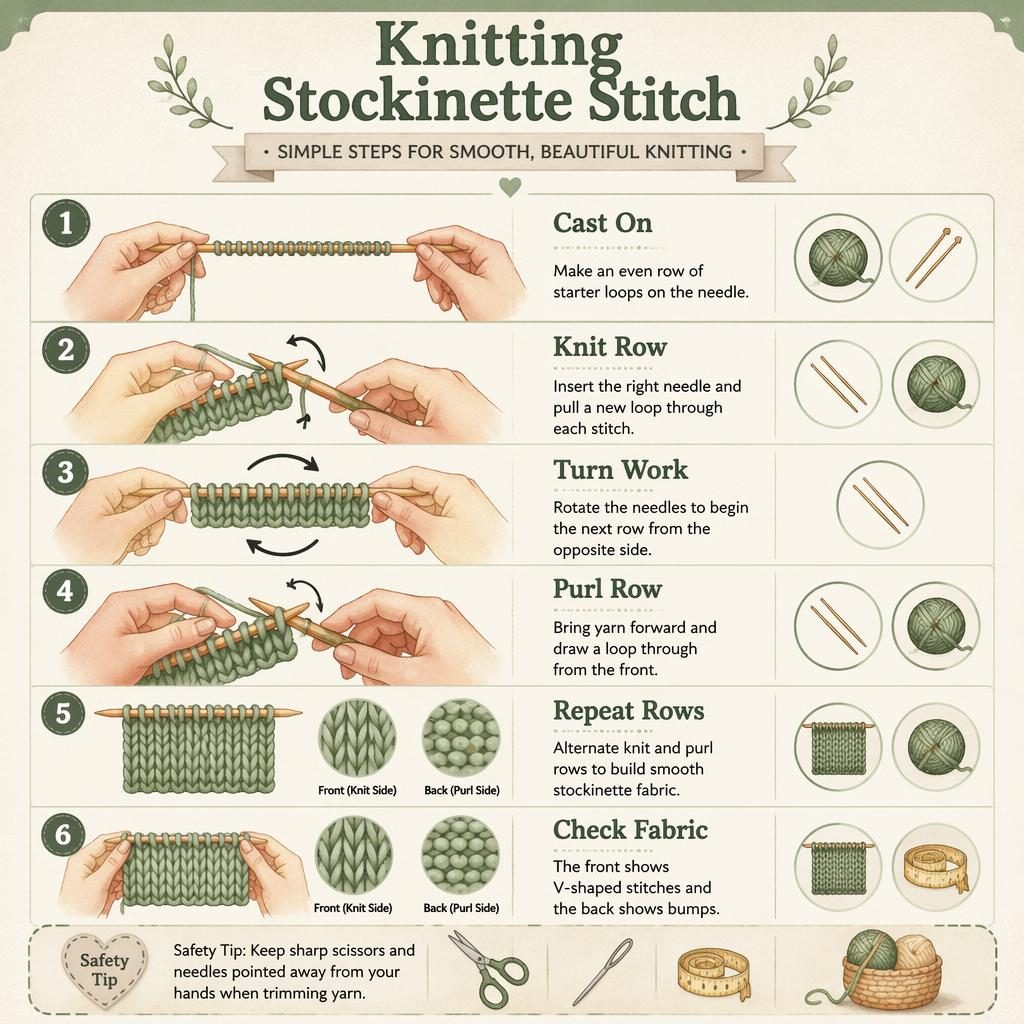 Gemütliche DIY-Infografik mit 6 Schritten zum Stockinette-Strickstich, Hände, Nadeln, Garn, Pfeile und englische Labels.
