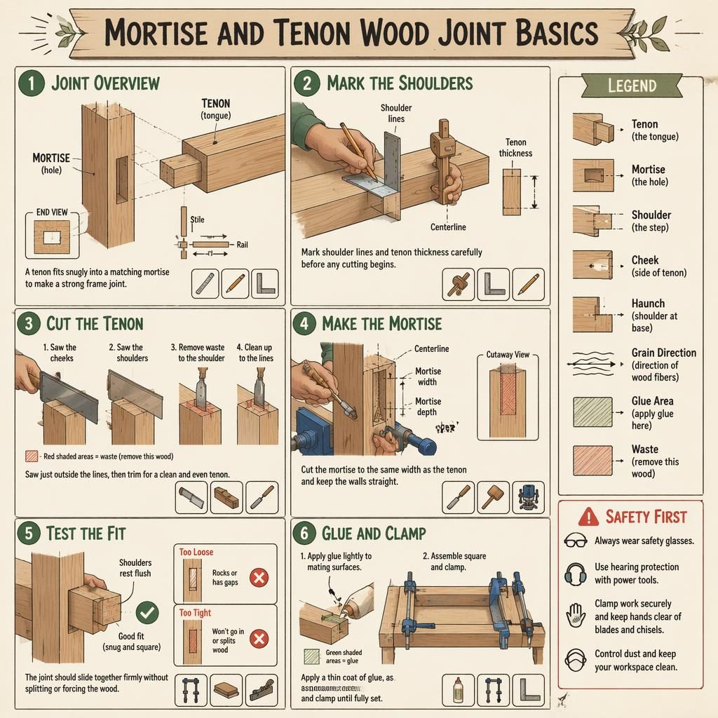 Vertikales DIY-Poster mit 6 Panels zur Schlitz-und-Zapfen-Verbindung, Skizzen, Werkzeug-Icons, Legende und Sicherheitshinweis.