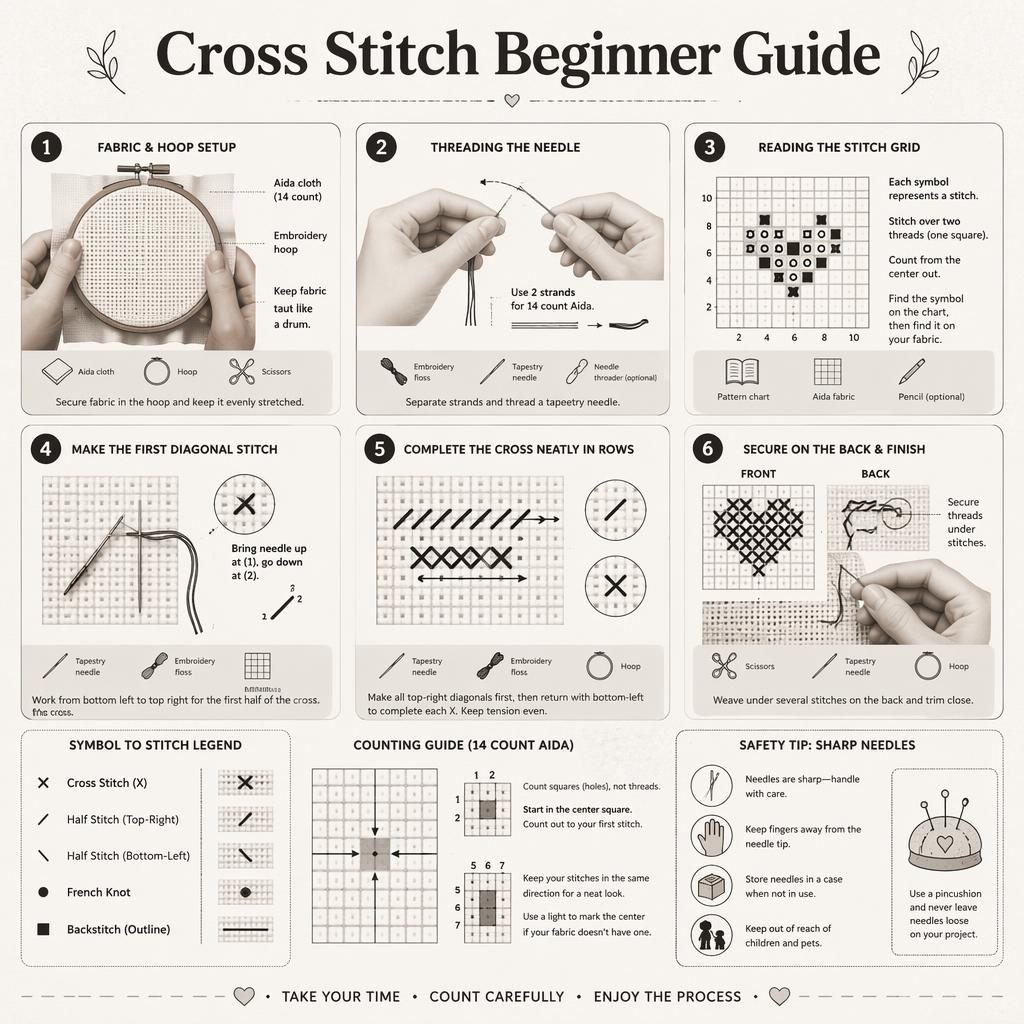 Craft / DIY infographic titled "Cross Stitch Beginner Guide". Archetype: STITCH GRID. Craft-magazine instructional illus