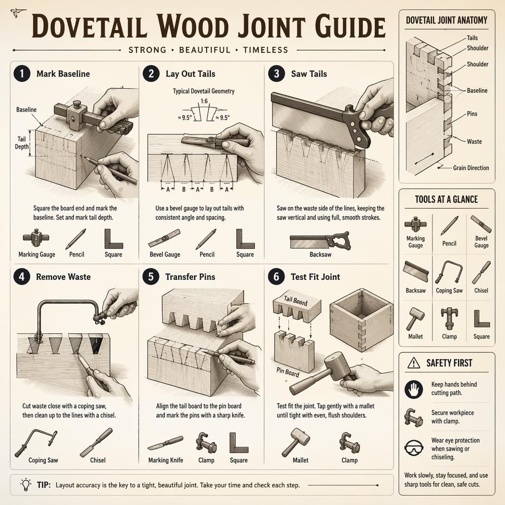 Monochrome DIY infographic showing 6 numbered dovetail joint steps, tool icons, anatomy labels, and safety tips.