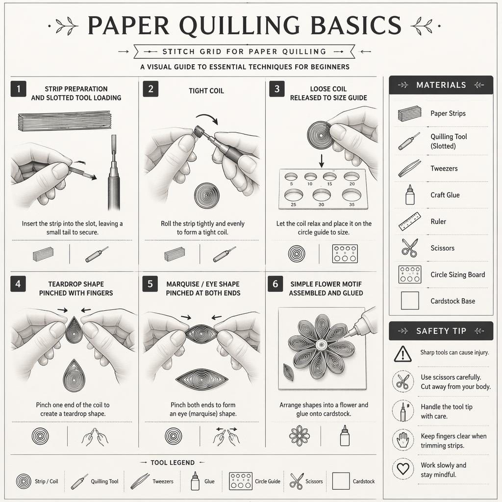 Monochrome paper quilling basics infographic with 6 numbered steps, materials panel, safety tip, and flower motif grid.