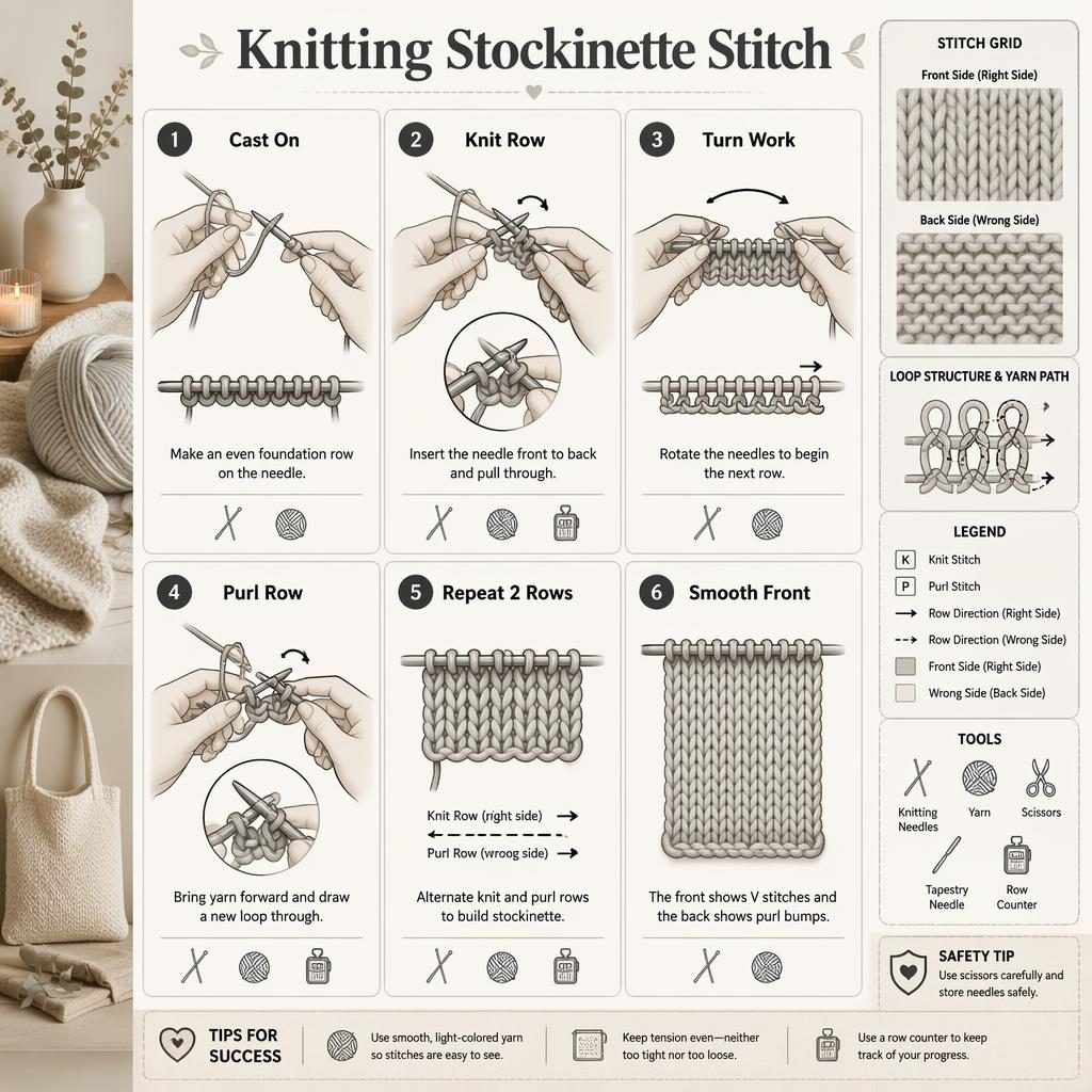 Monochrome knitting infographic with 6 numbered panels, stitch grid, hand diagrams, tool icons, and cozy yarn sidebar.
