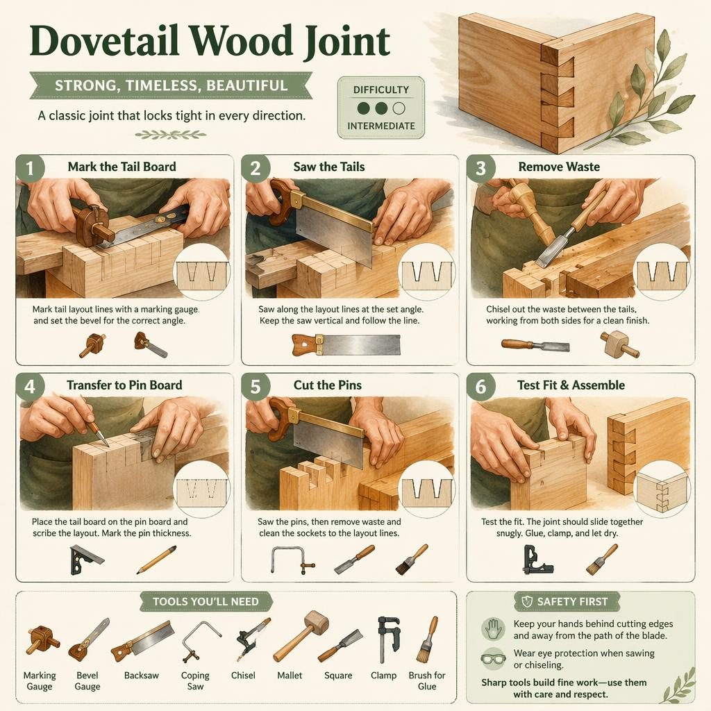 Watercolor DIY infographic showing 6 numbered steps to make a dovetail wood joint with tool icons and safety panel.