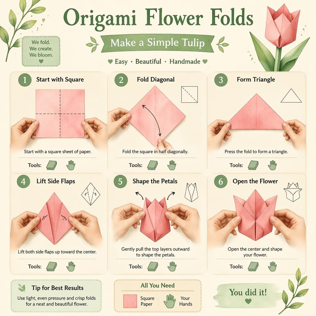 Gemütliche DIY-Infografik im Aquarellstil mit 6 nummerierten Schritten zum Falten einer Origami-Tulpe aus Papier.