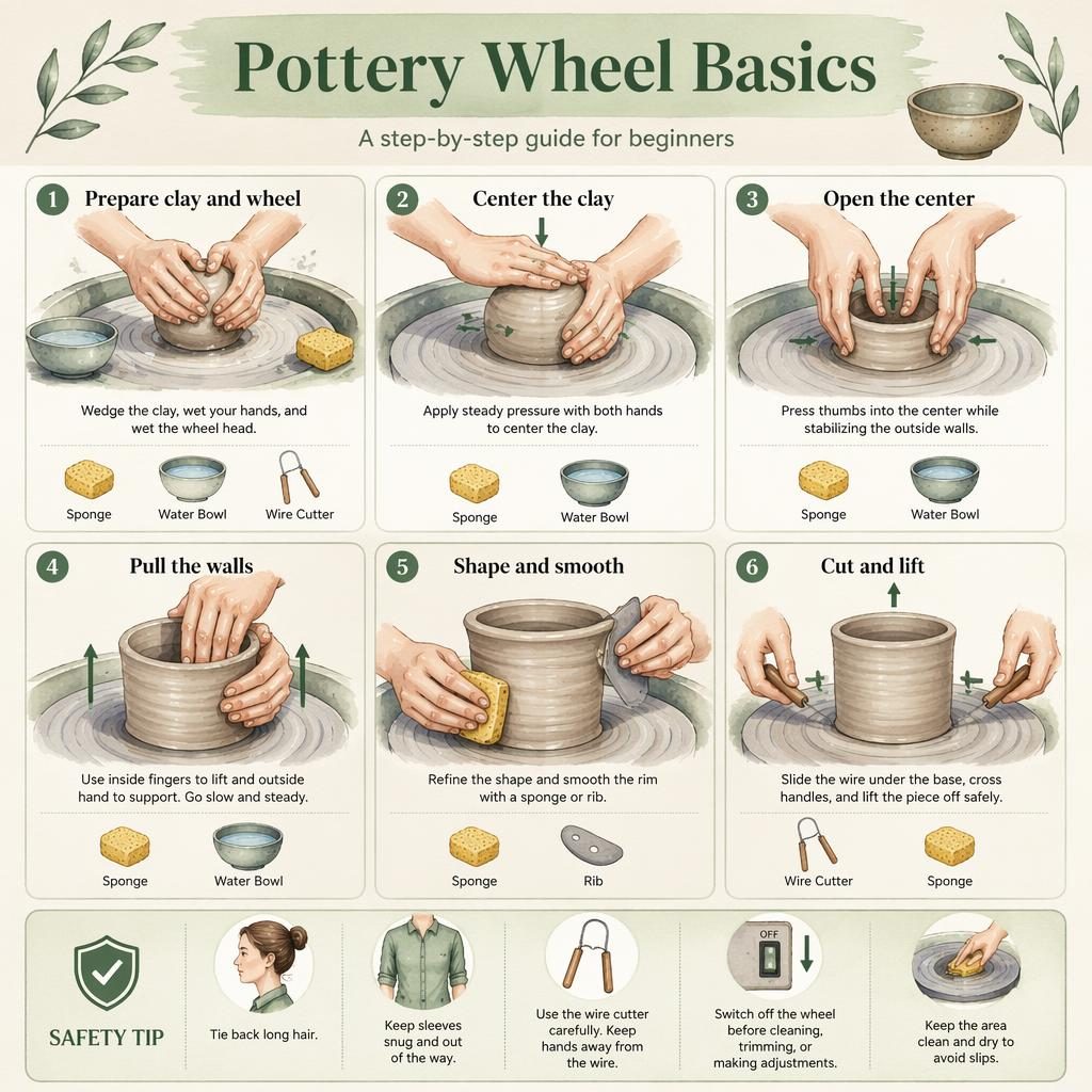 Cozy watercolor infographic showing 6 numbered pottery wheel basics steps with hand positions, tool icons, and safety tips.