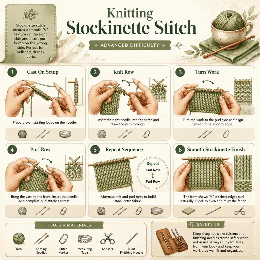 Watercolor craft infographic shows 6 numbered steps for knitting stockinette stitch with tools, hand diagrams, and woven basket pattern motifs.