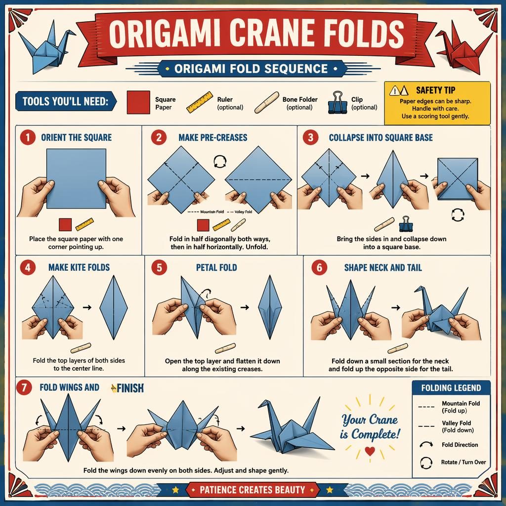 Vintage-style origami crane folding infographic with 7 numbered steps, hand diagrams, arrows, crease legends, and tool icons.