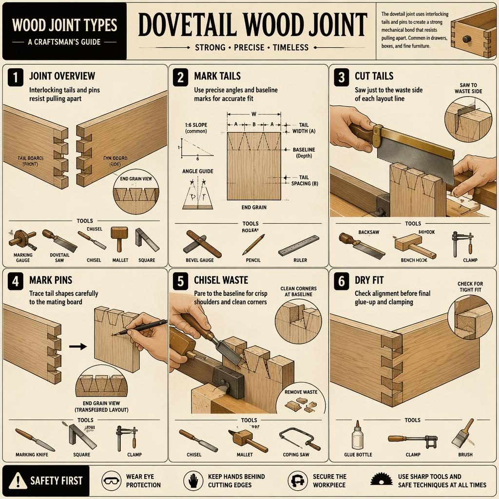 Vintage-Infografik mit 6 nummerierten Panels zur Schwalbenschwanzverbindung, mit Werkzeug-Icons, Explosionsansichten und Technikdiagrammen.