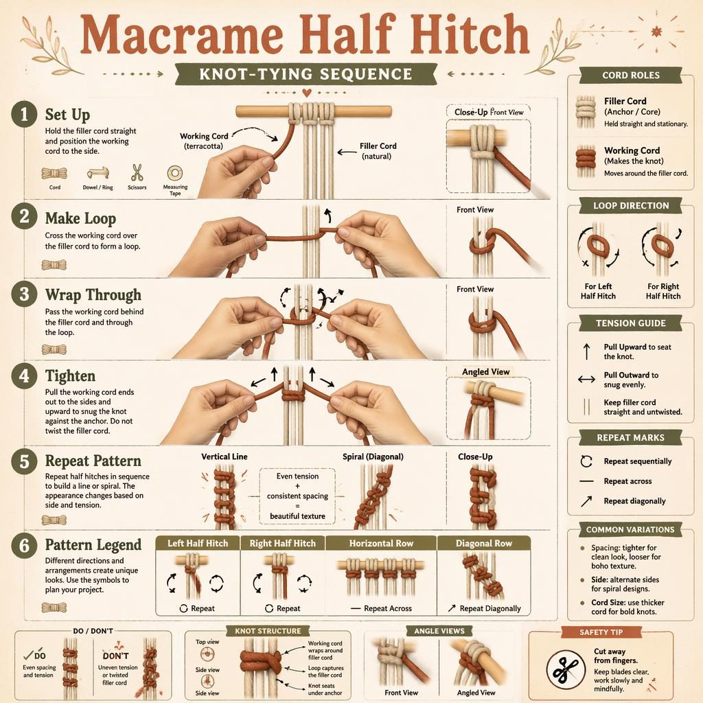 Vertikale DIY-Infografik zu Makramee Half Hitch mit 6 nummerierten Schritten, Handdiagrammen, Legende und Werkzeugicons.