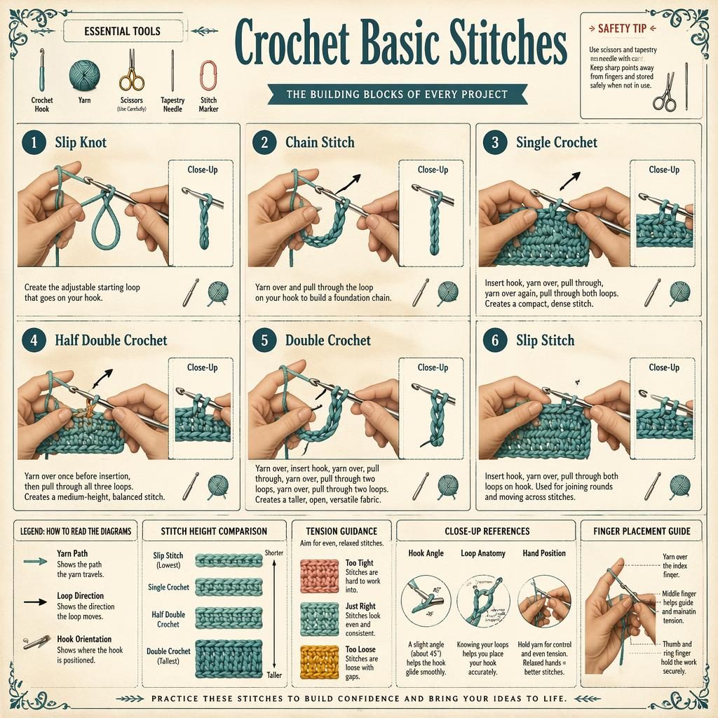 Vintage-style crochet stitch grid infographic with 6 numbered steps, hand diagrams, legends, inset details, and tool icons.