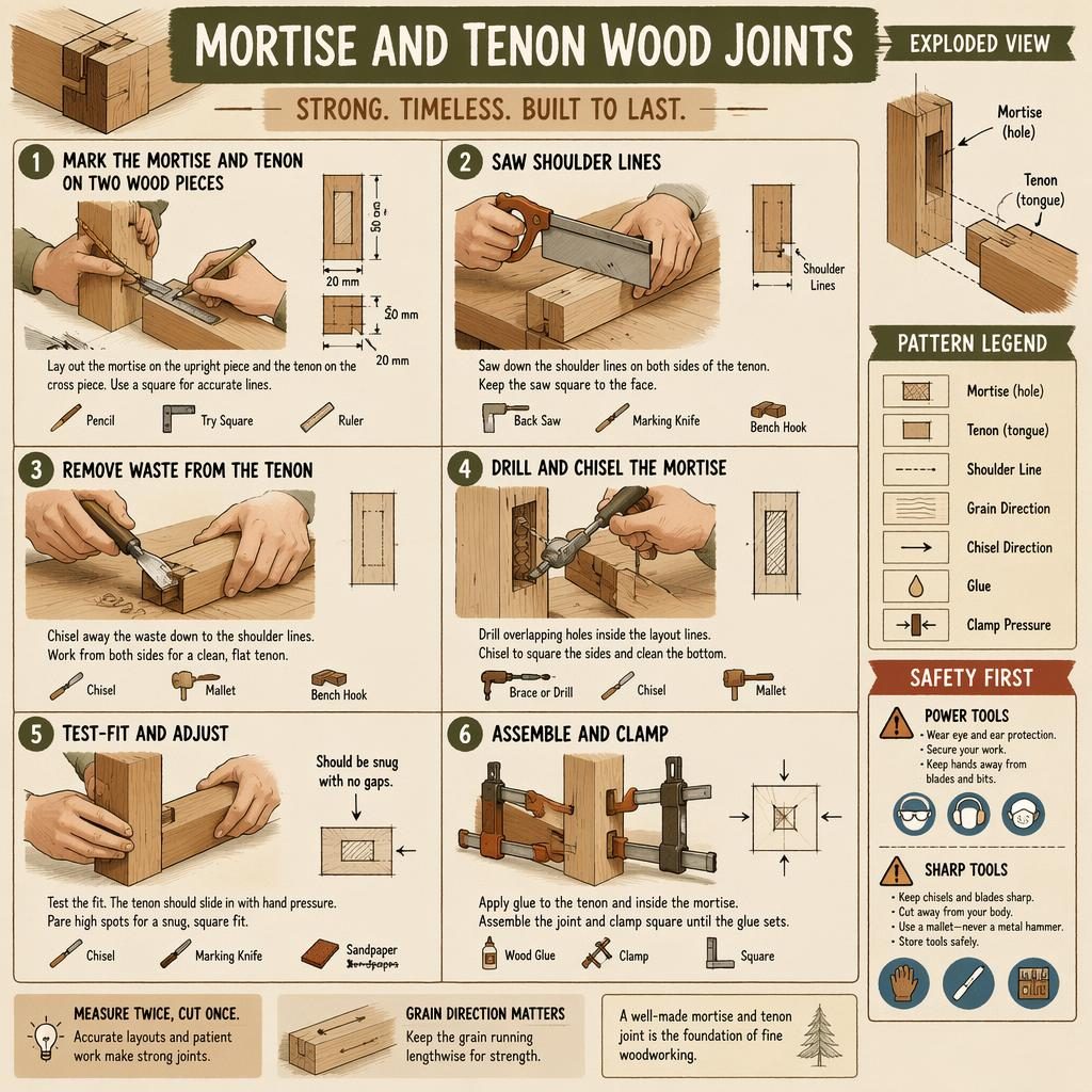 Beginner wood joint infographic showing 6 mortise and tenon steps, tool icons, safety panel, legend, and final clamp assembly.