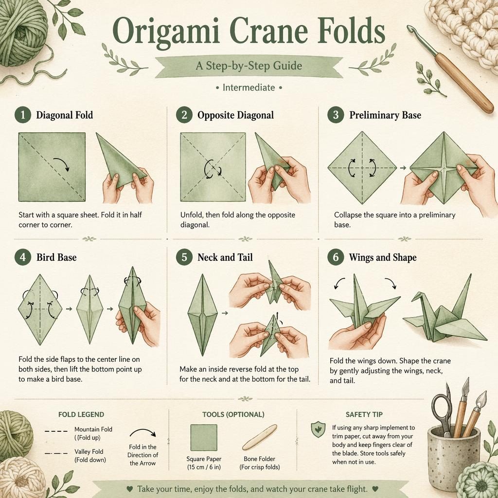 Cozy watercolor origami crane infographic with 6 numbered fold steps, hand guidance arrows, fold legends, and small craft icons.