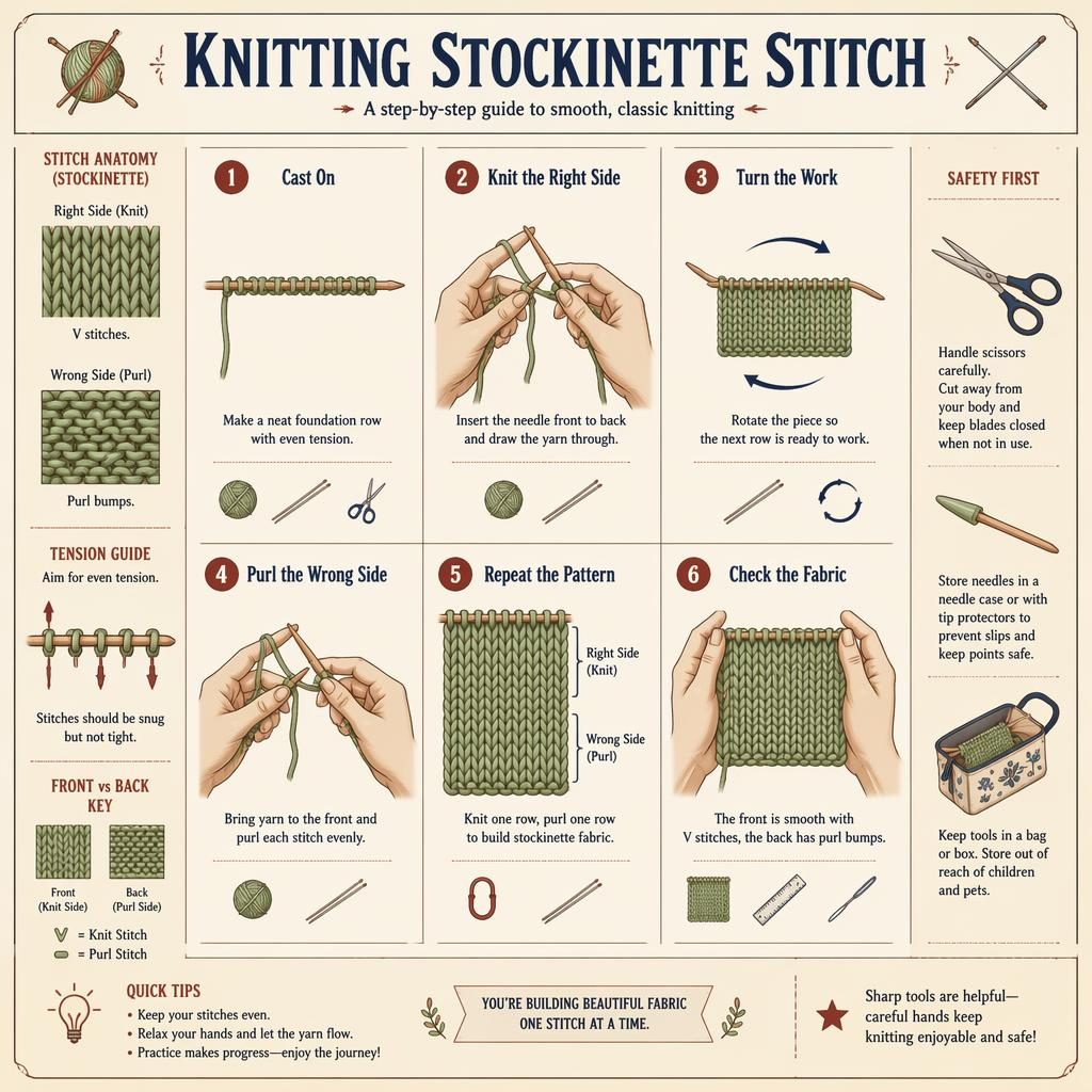 Vintage-style knitting stockinette stitch infographic with 6 numbered steps, hand diagrams, tool icons, texture key, and safety panel.