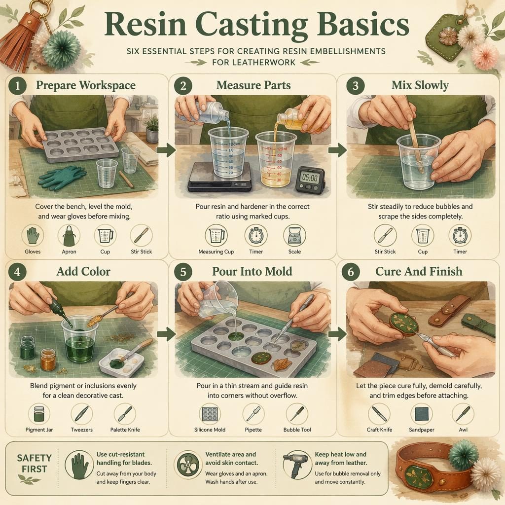 Watercolor DIY infographic with 6 numbered resin casting steps for leatherwork, sage and cream panels, hands, tools, safety notes.