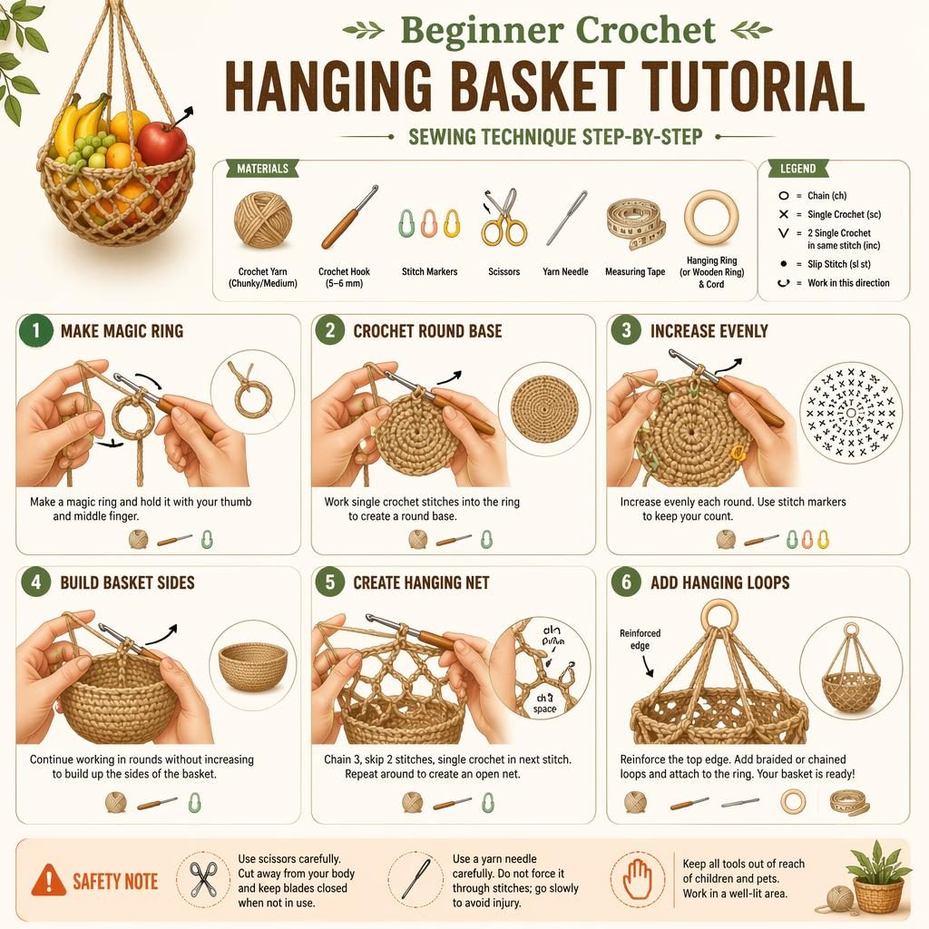Minimal craft infographic shows 6 steps for a crochet hanging fruit basket with yarn, hook, markers, scissors, tape, and loops.