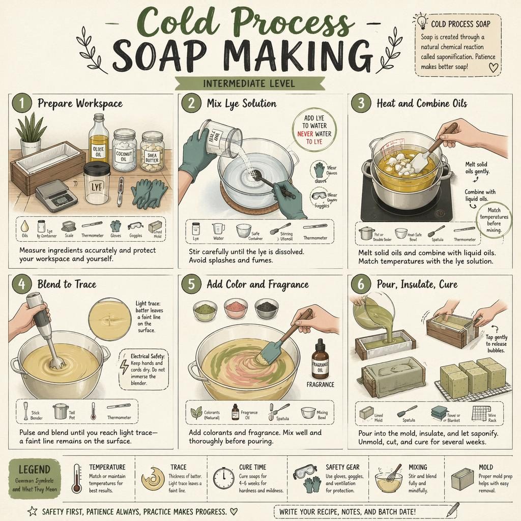 Sketchnote infographic showing 6 numbered cold process soap making steps with tools, hands, arrows, captions, and legend.