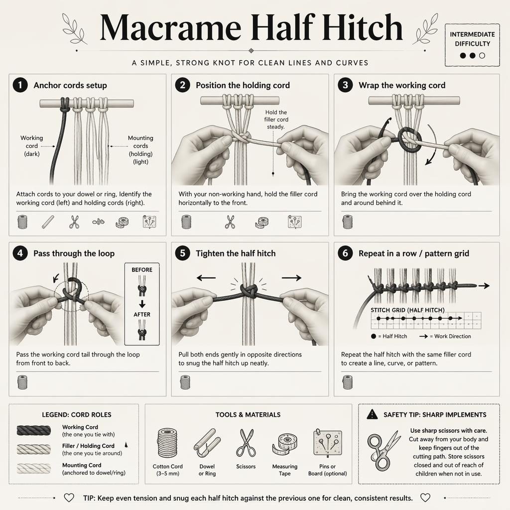 Monochrome macrame half hitch infographic with 6 numbered steps, hand diagrams, arrows, legend, tools, and safety tip.