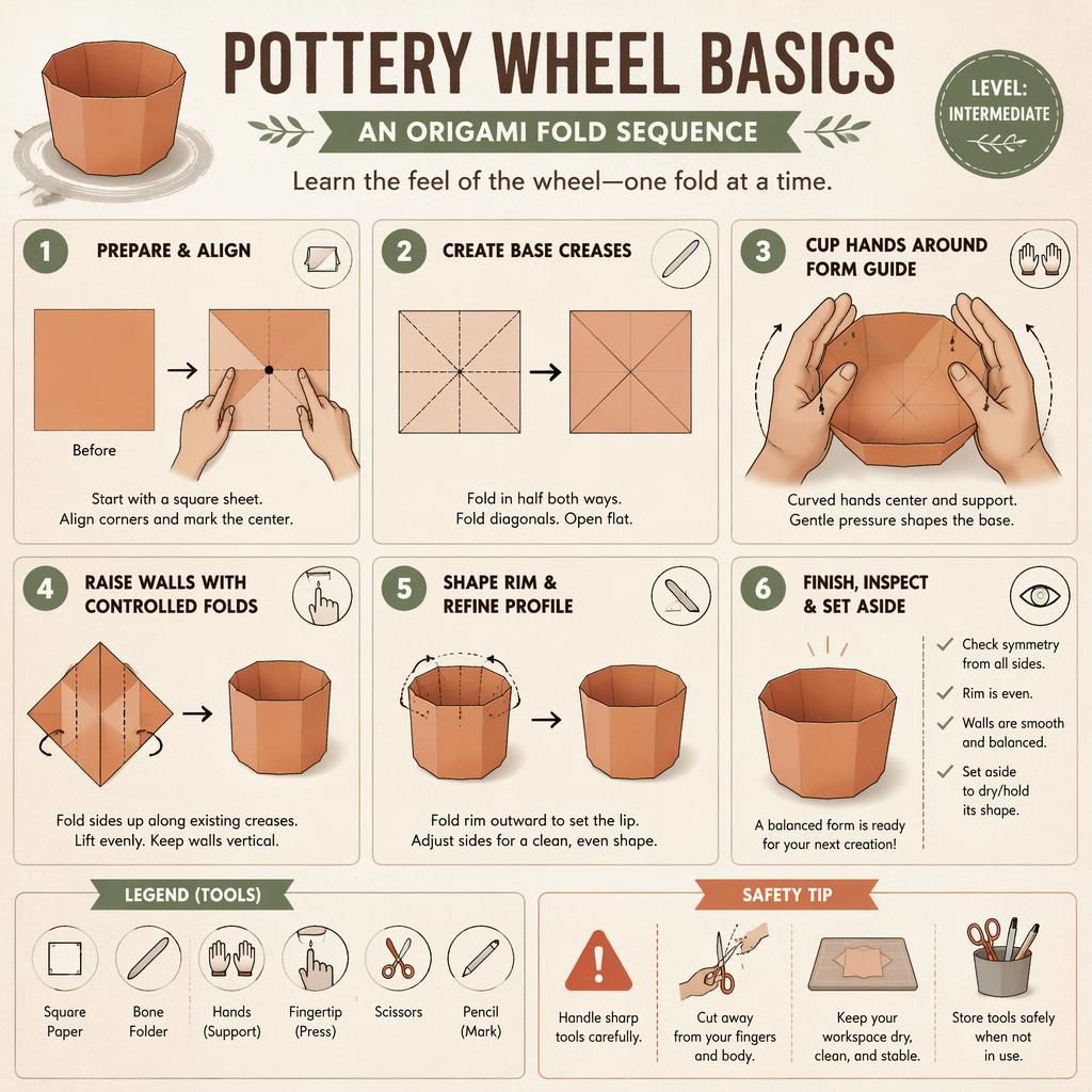 Minimal craft infographic poster with 6 numbered paper-fold steps teaching pottery wheel basics analogies and safety tips.