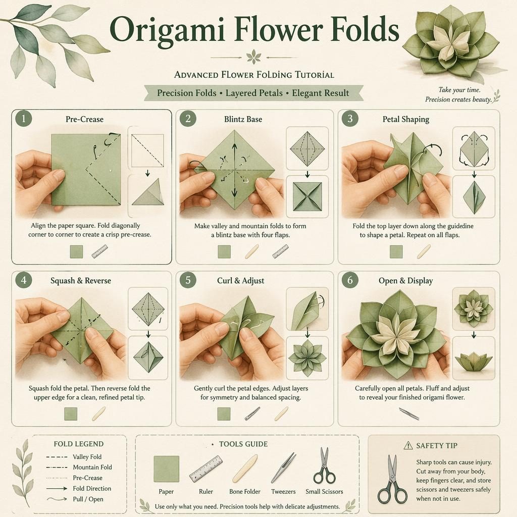 Watercolor craft infographic with 6 numbered origami flower fold steps, hands, arrows, English labels, and tool icons.