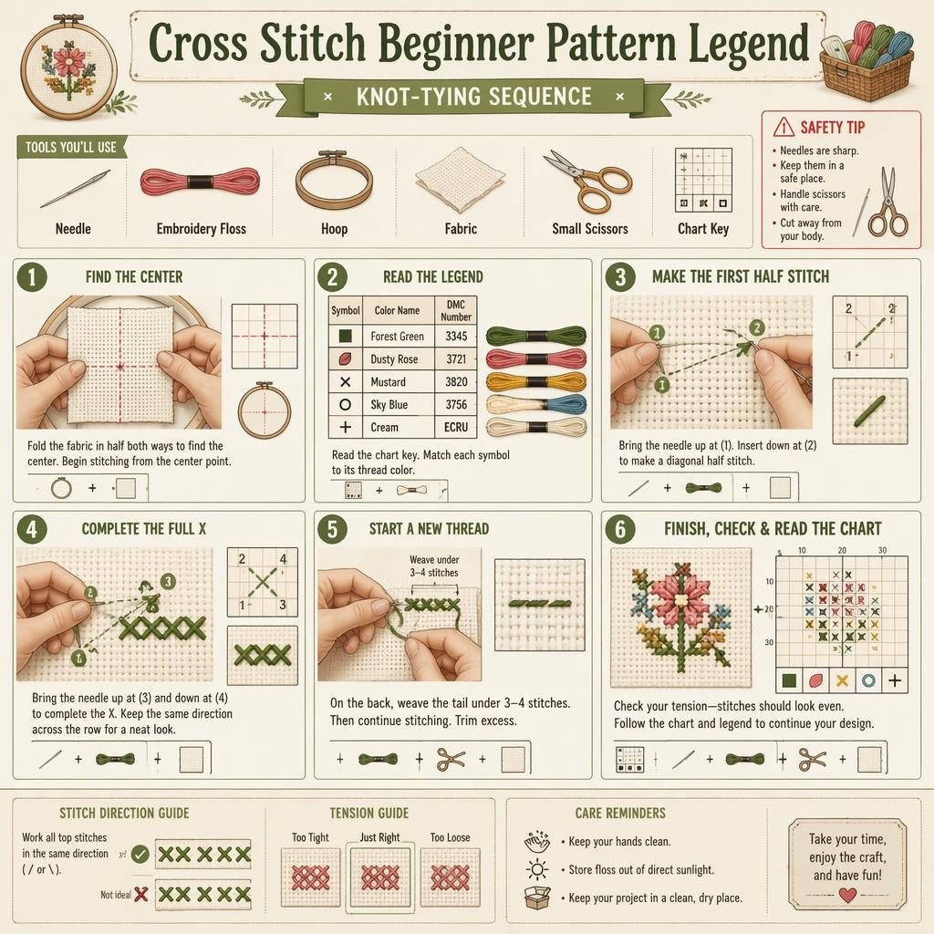 DIY-Infografik mit 6 nummerierten Schritten zur Kreuzstich-Legende, Handpositionen, Symbolen, Werkzeugicons und Sicherheitstipp.