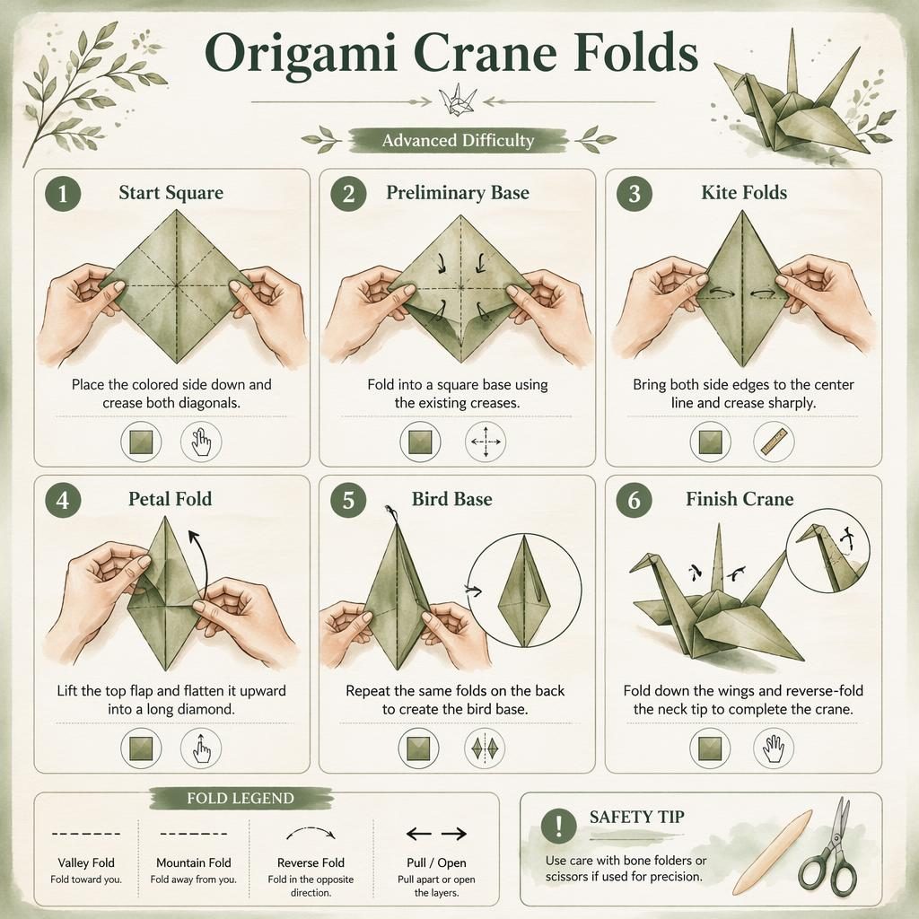 Watercolor craft infographic with 6 numbered origami crane folds, hands, diagrams, icons, legends, and safety tip.