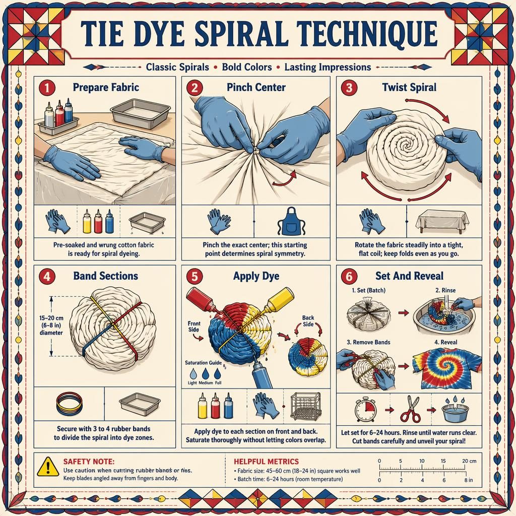 Vintage-style DIY infographic with 6 numbered panels showing tie dye spiral steps, hand positions, tools, arrows, and safety note