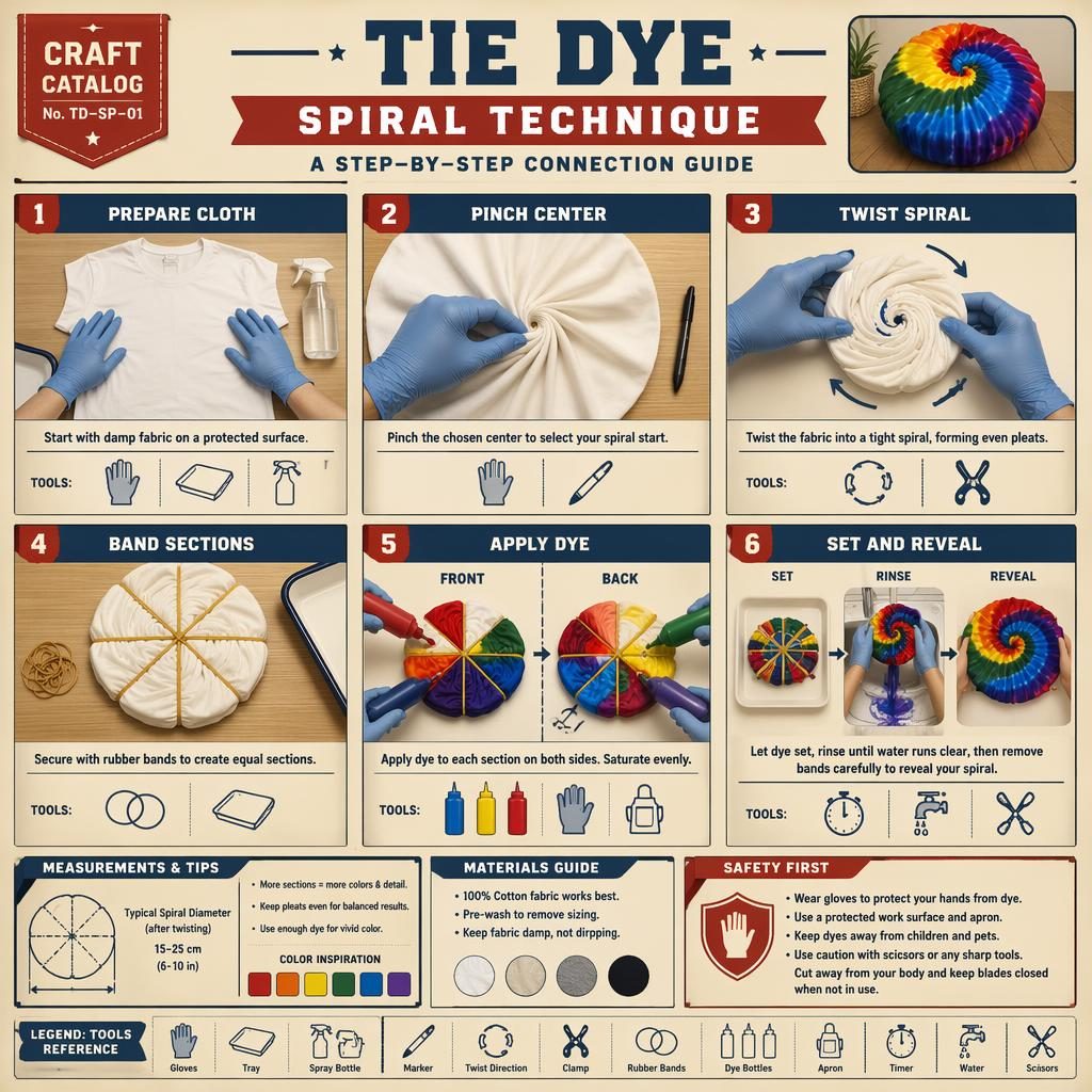 Vintage-style 6-panel infographic showing tie dye spiral steps with hands, tools, captions, safety note, and catalog labels.