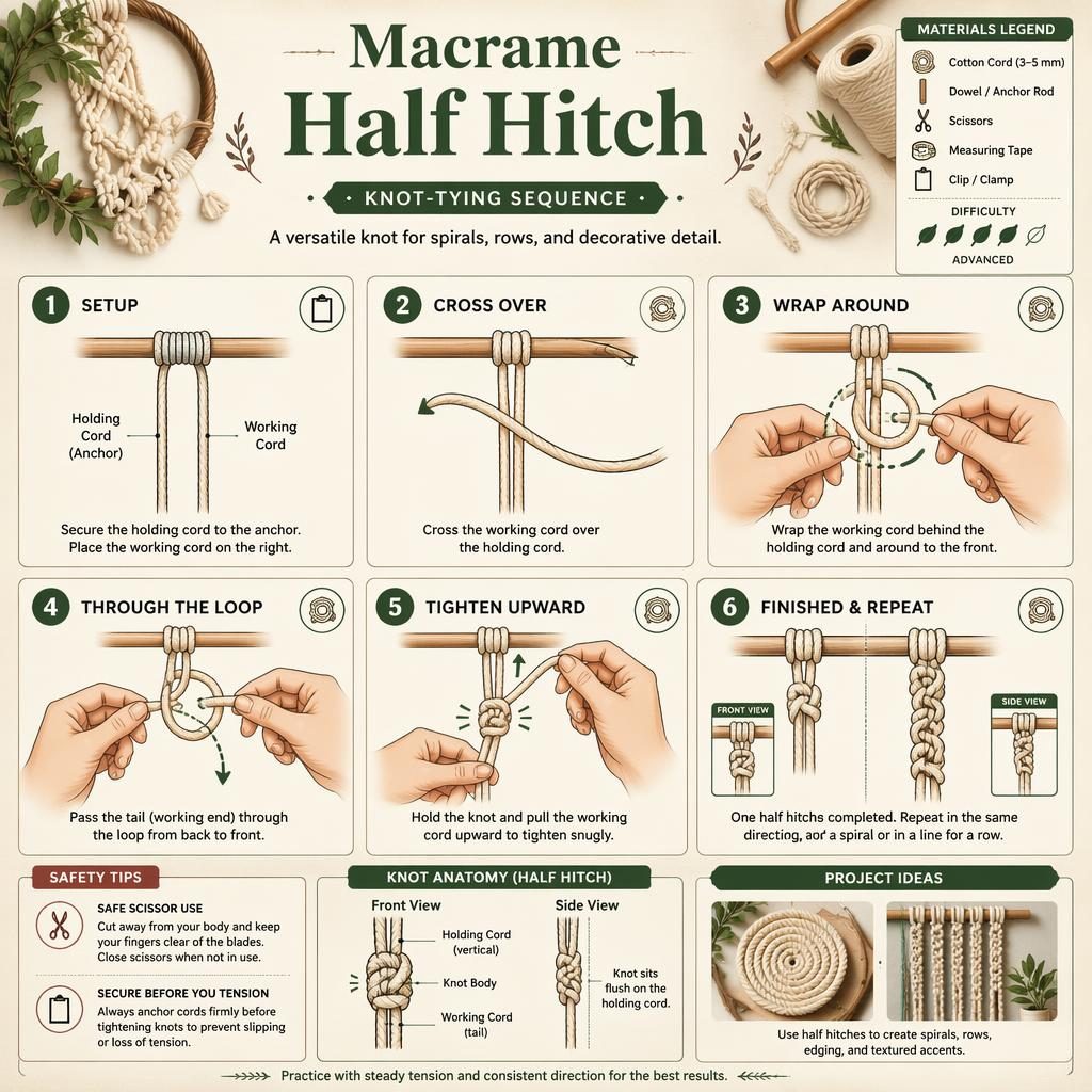 Vintage-style macrame half hitch infographic with 6 numbered knot steps, hand diagrams, arrows, tools, safety tip, and legend.
