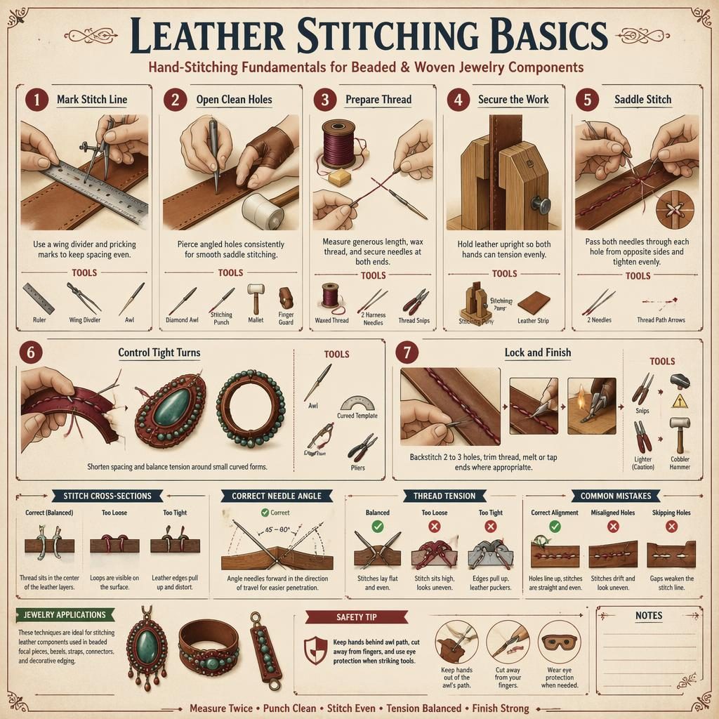 Technical DIY infographic showing 7 leather stitching steps, tool icons, hand positions, cross-sections, and safety panel.