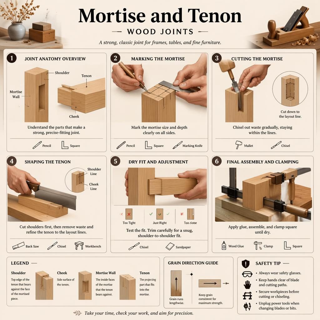 Monochrome 6-step woodworking infographic showing mortise and tenon joint anatomy, marking, cutting, shaping, dry fit, clamping, and safety tip.