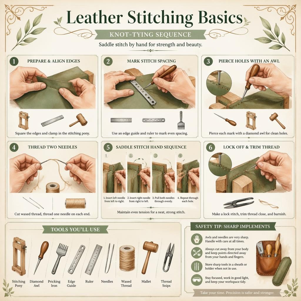 Watercolor DIY infographic showing 6 leather stitching steps, tools, hand positions, and a sharp tools safety tip.