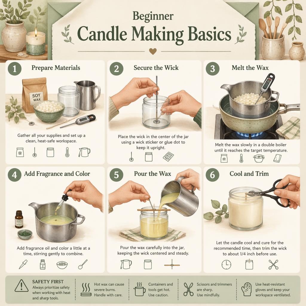 Watercolor craft infographic with 6 numbered candle making steps, hands, tools, safety notes, sage and cream palette.