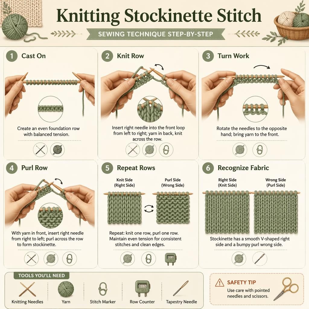 Minimal craft infographic showing 6 steps for knitting stockinette stitch with hands, needles, yarn, tool icons, and safety tip.