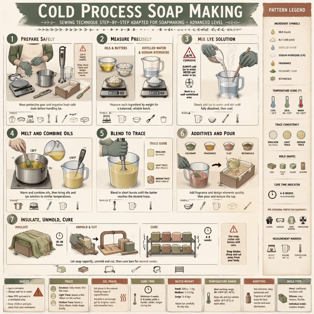 Vertical sketchnote infographic showing 7 cold process soap making steps with tools, safety icons, legend sidebar, and cure guide.