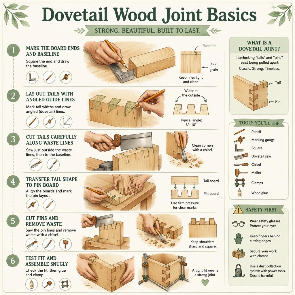 Watercolor infographic poster showing 6 numbered steps for beginner dovetail wood joint basics with tool icons and safety tip.