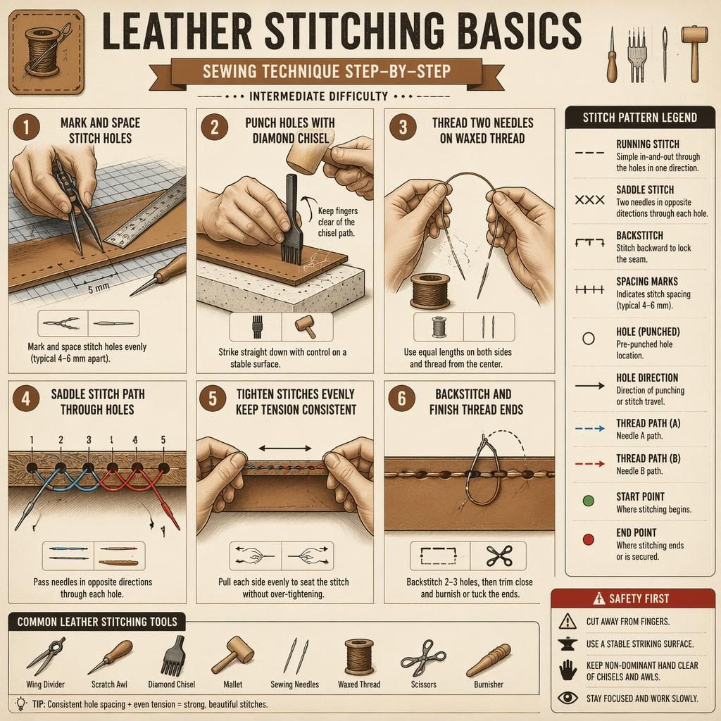 Leather stitching basics infographic with 6 numbered sewing steps, pattern legend, tool icons, safety callout, and hand diagrams.