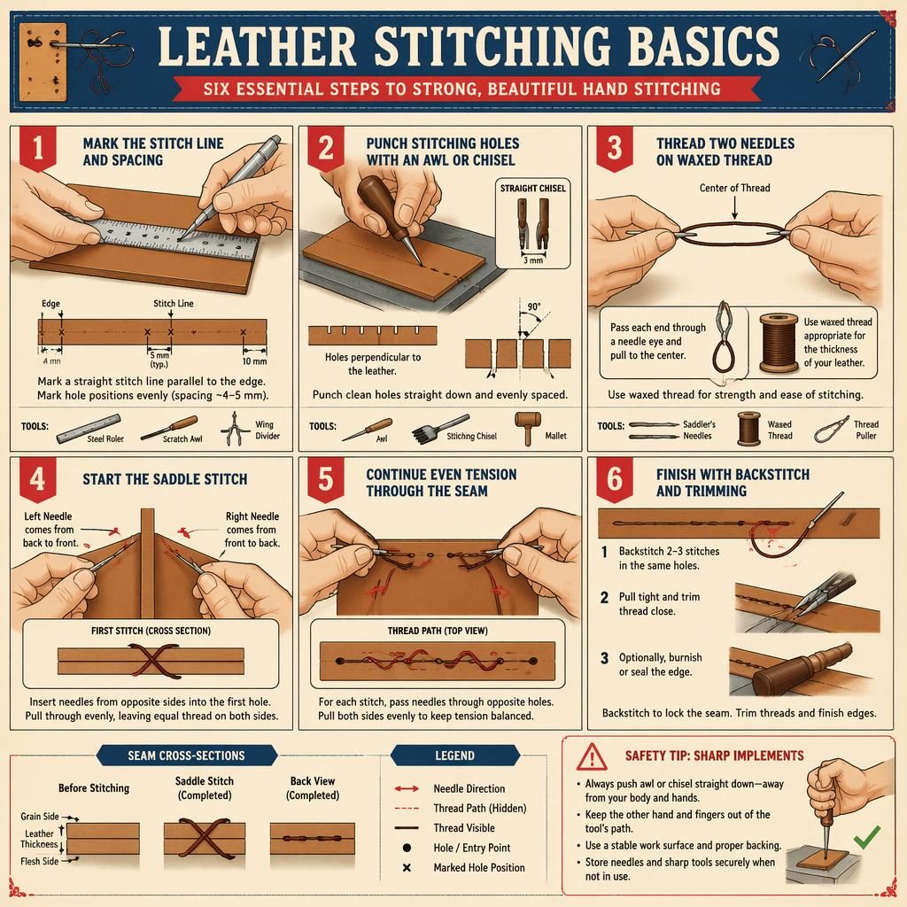 Vintage DIY-Infografik mit 6 nummerierten Panels zu Lederstich-Grundlagen, Händen, Werkzeugen, Pfeilen und Sicherheitshinweis.