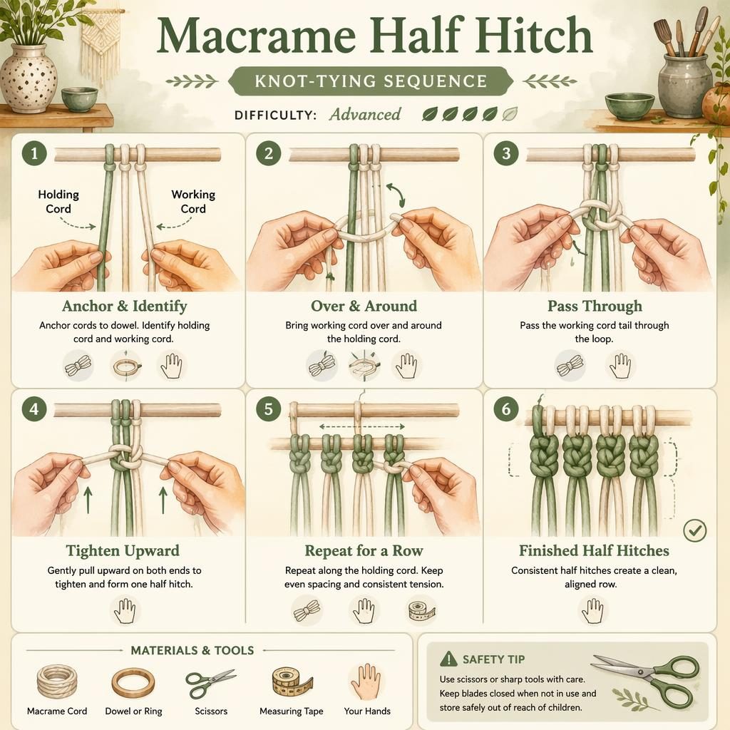 Watercolor DIY infographic showing 6 numbered macrame half hitch steps with hands, cord diagrams, icons, and pottery studio props.