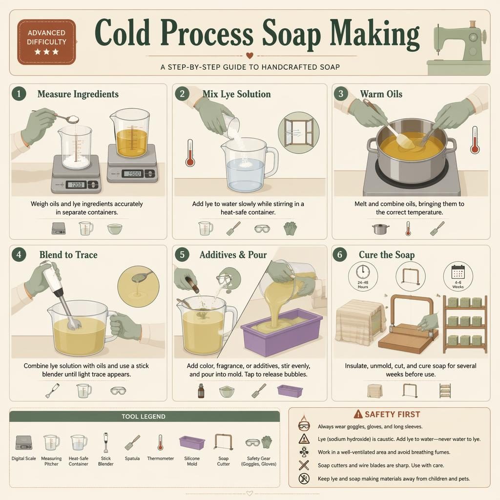 Flat DIY infographic showing 6 cold process soap making steps, safety icons, tools, headings, captions, and warm craft colors.