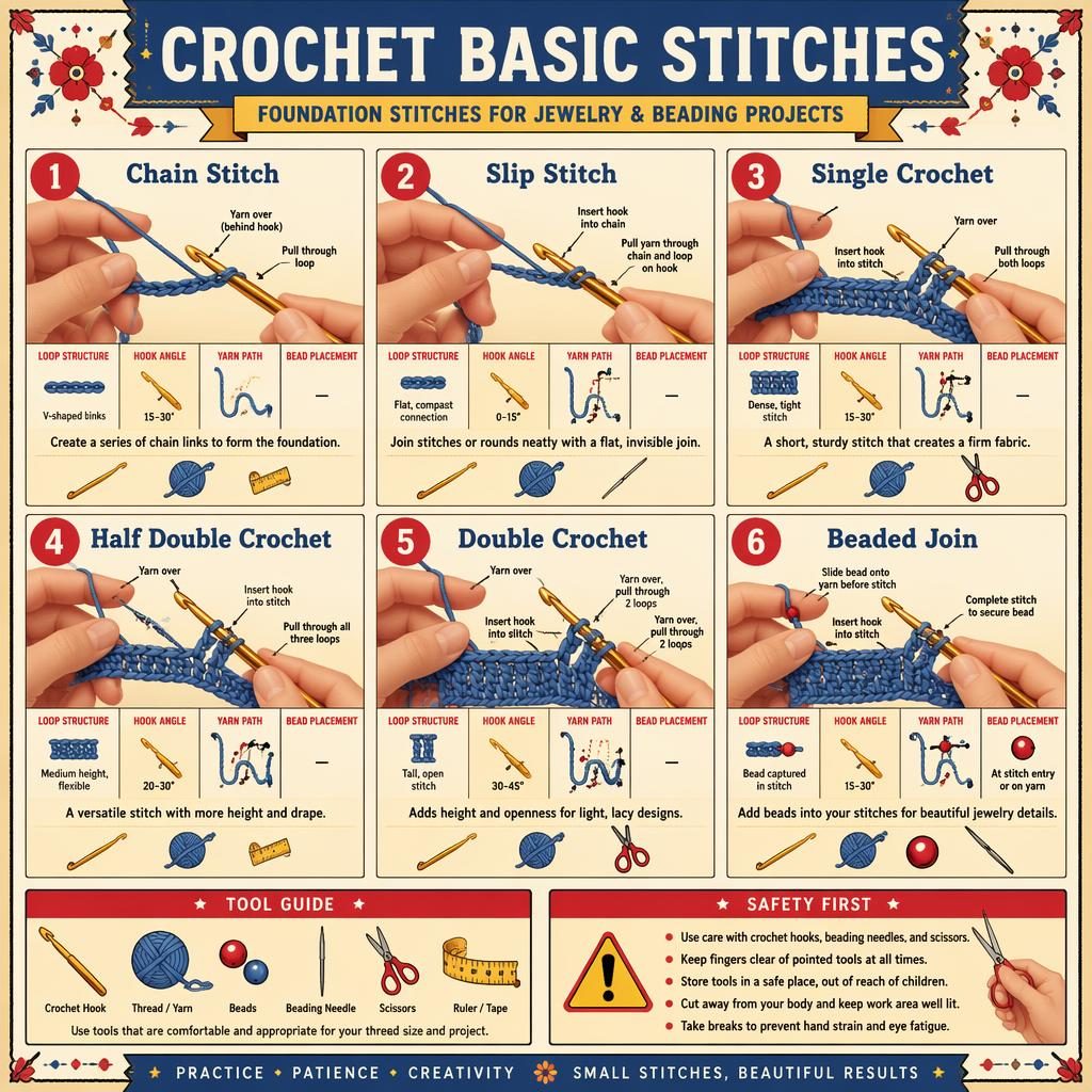 Vintage-style crochet infographic poster with 6 numbered panels showing basic stitches, bead join, hand positions, tools, and safety tip.