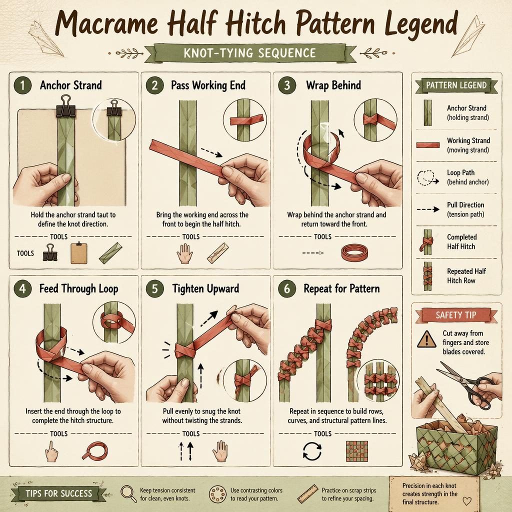 DIY infographic poster showing 6 numbered macrame half hitch steps with paper-strip diagrams, hand positions, arrows, icons, and legend.