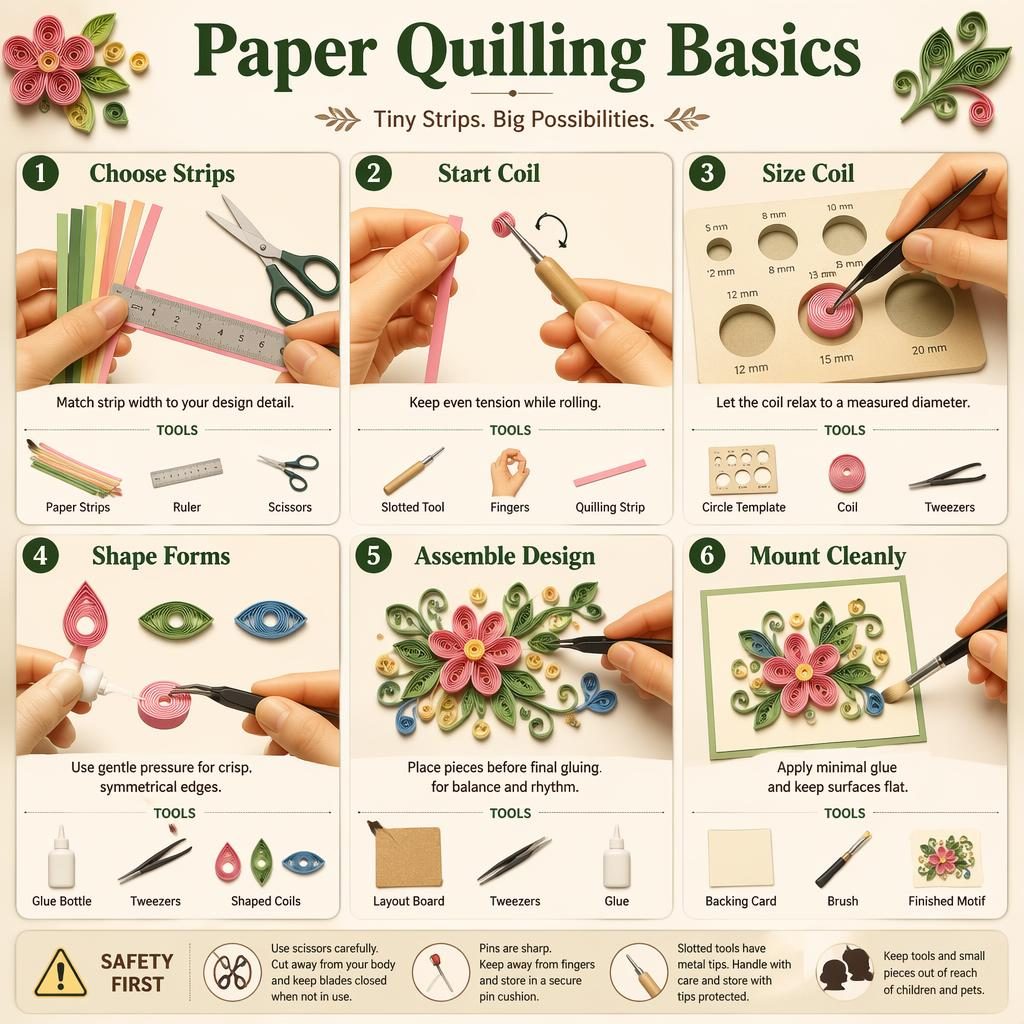 Minimal craft infographic showing 6 numbered paper quilling steps with hands, tools, shaped coils, and safety tip.