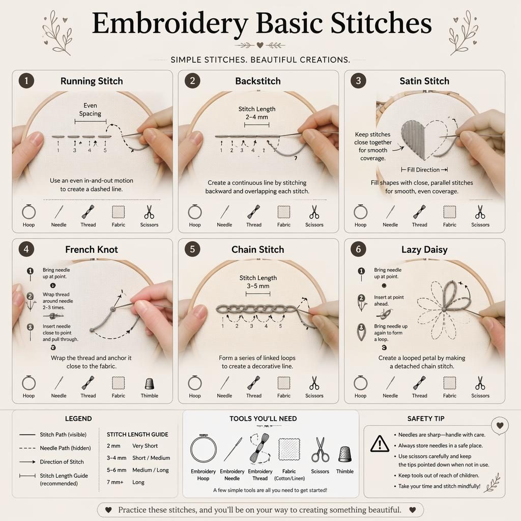 Monochrome craft infographic with 6 embroidery stitch panels, hoop diagrams, hand positions, arrows, legend, tools, and safety tip.