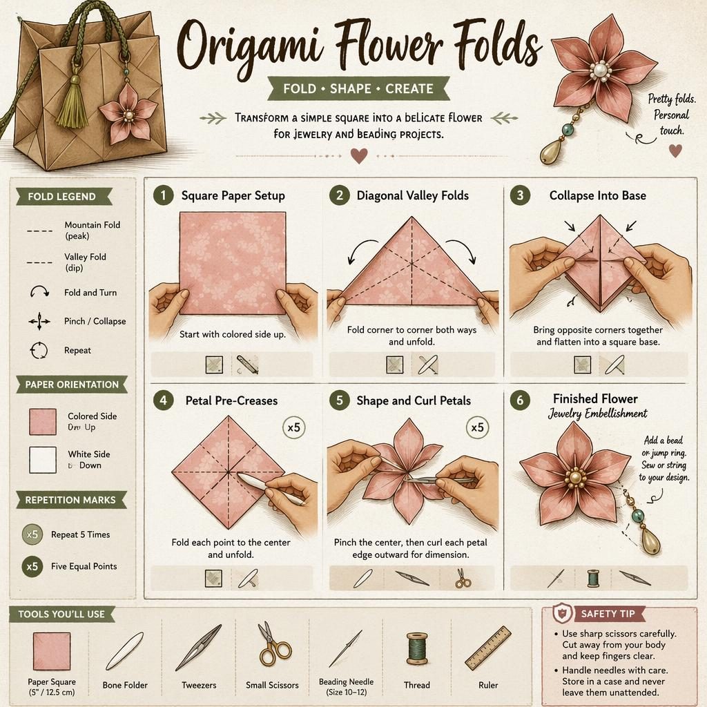 DIY origami flower fold infographic with 6 numbered steps, hand diagrams, tool icons, legend callouts, and safety panel.