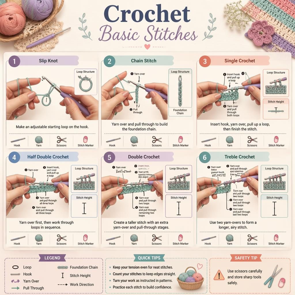 Pastellige DIY-Infografik mit 6 nummerierten Häkel-Schritten, Handpositionen, Häkelnadel, Garn, Pfeilen, Legenden und Tools.